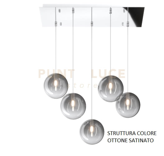 SOSPENSIONE OTTONE SAT. 5 LUCI RETTANGOLARE VETRI FUME 1184OS-S5 R-FU
