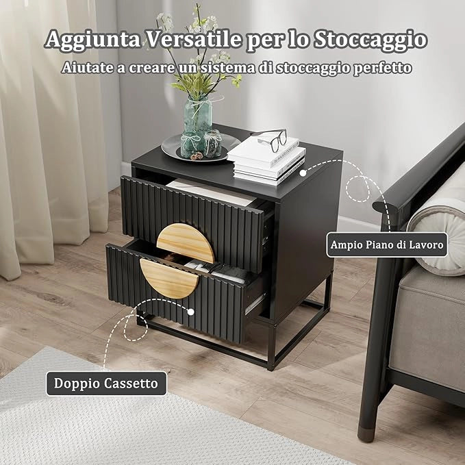 Comodino a 2 Cassetti, Tavolino con Maniglie in Legno di Pino e Struttura in Metallo, Cassettiera Salvaspazia Moderna per Camera da Letto e Soggiorno, 48 x 40 x 55 cm