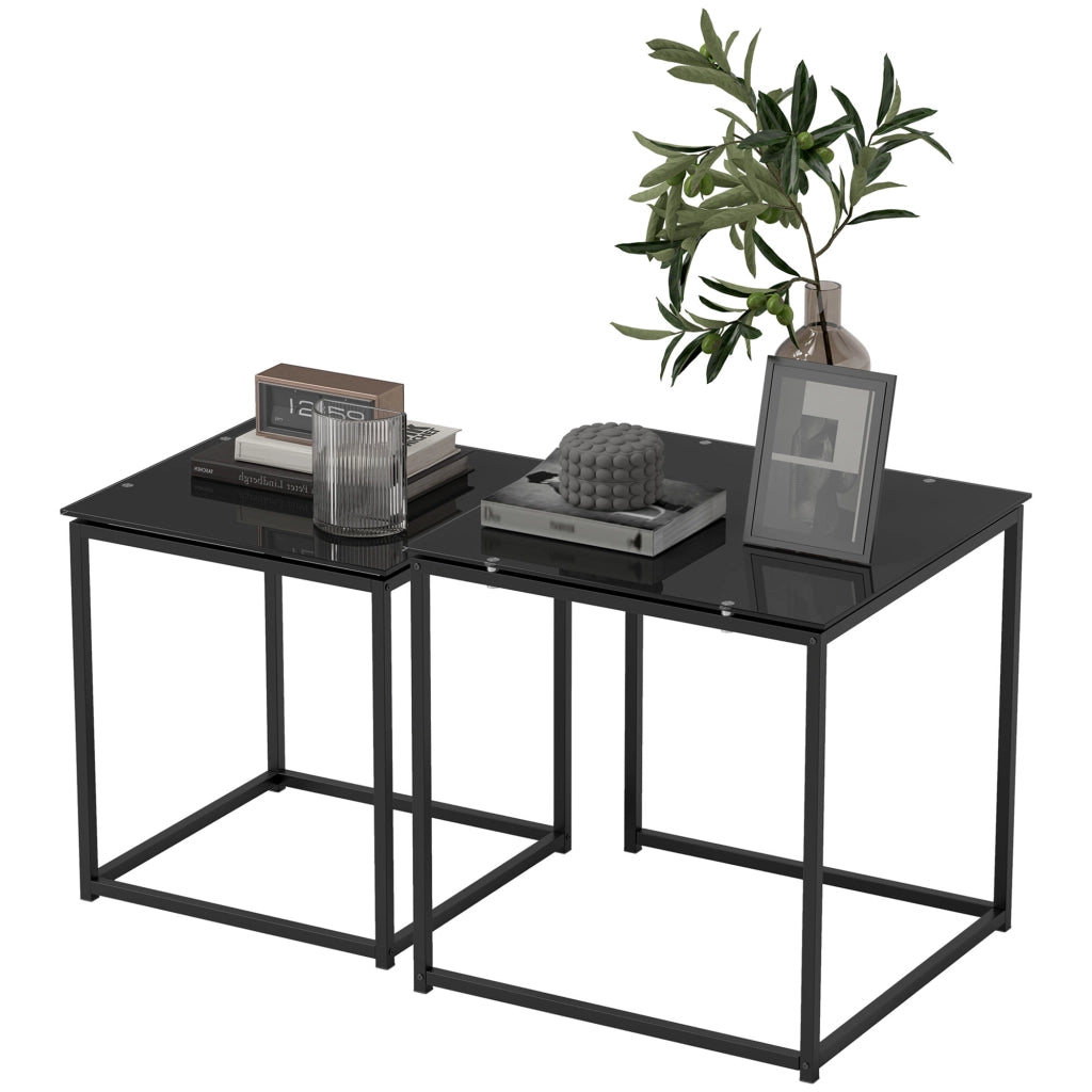 Set 2 Tavolini da Caff¨¨ Impilabili ¨C Xylo ¨C Vetro Temperato Nero Design Moderno