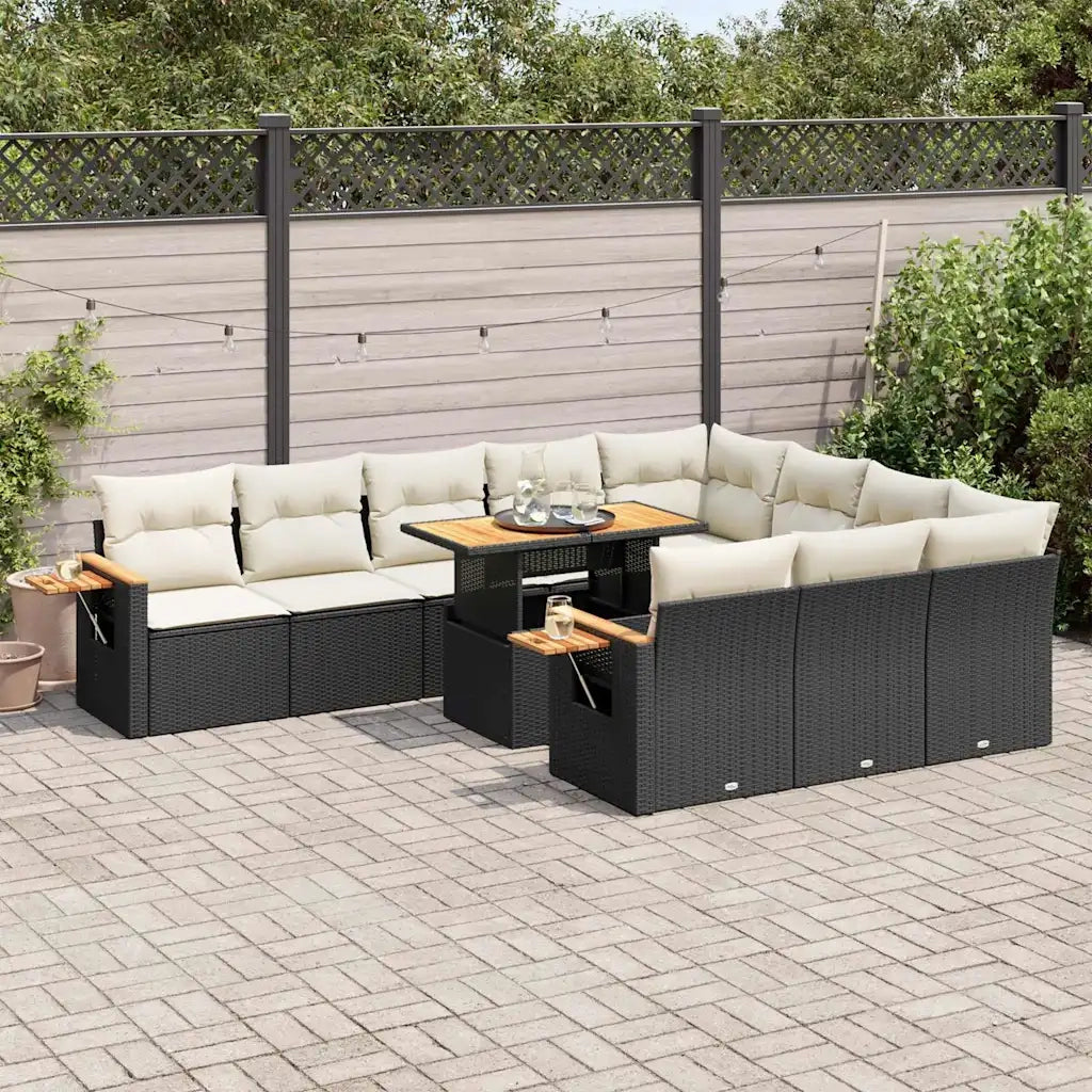 Set Divani da Giardino 11 pz con Cuscini Polyrattan Acacia Nero