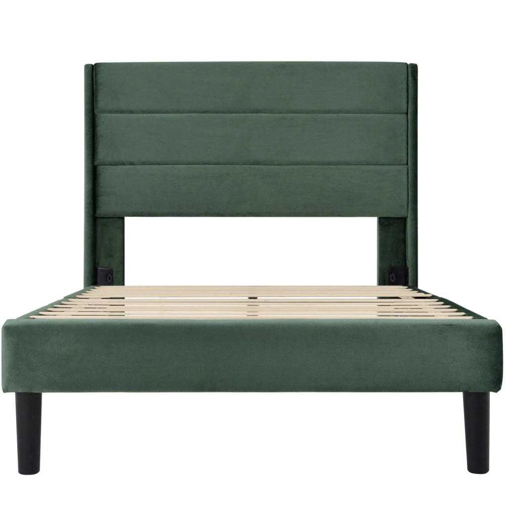 Letto imbottito 90x200 cm con rete a doghe e testiera in velluto verde scuro