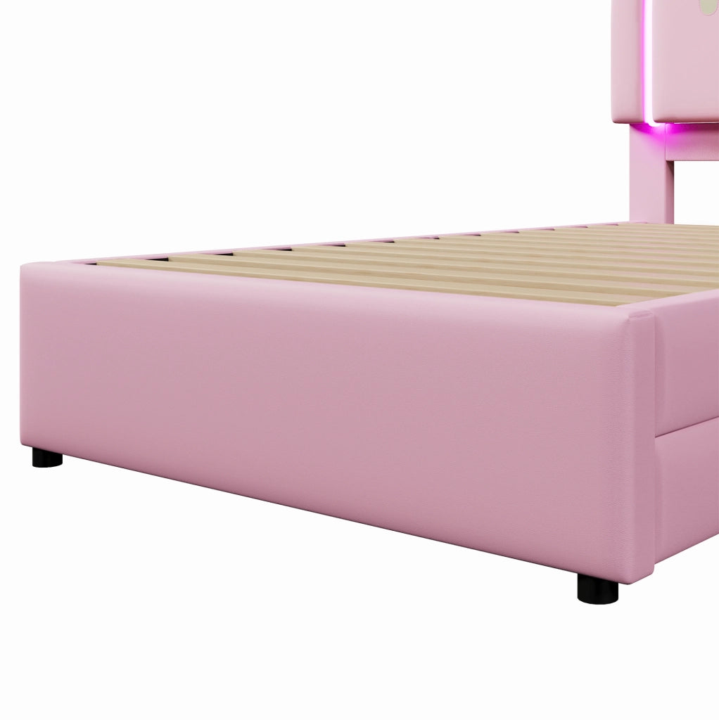Letto imbottito rosa 90x200 cm con 2 cassetti e luce LED, forma unicorno