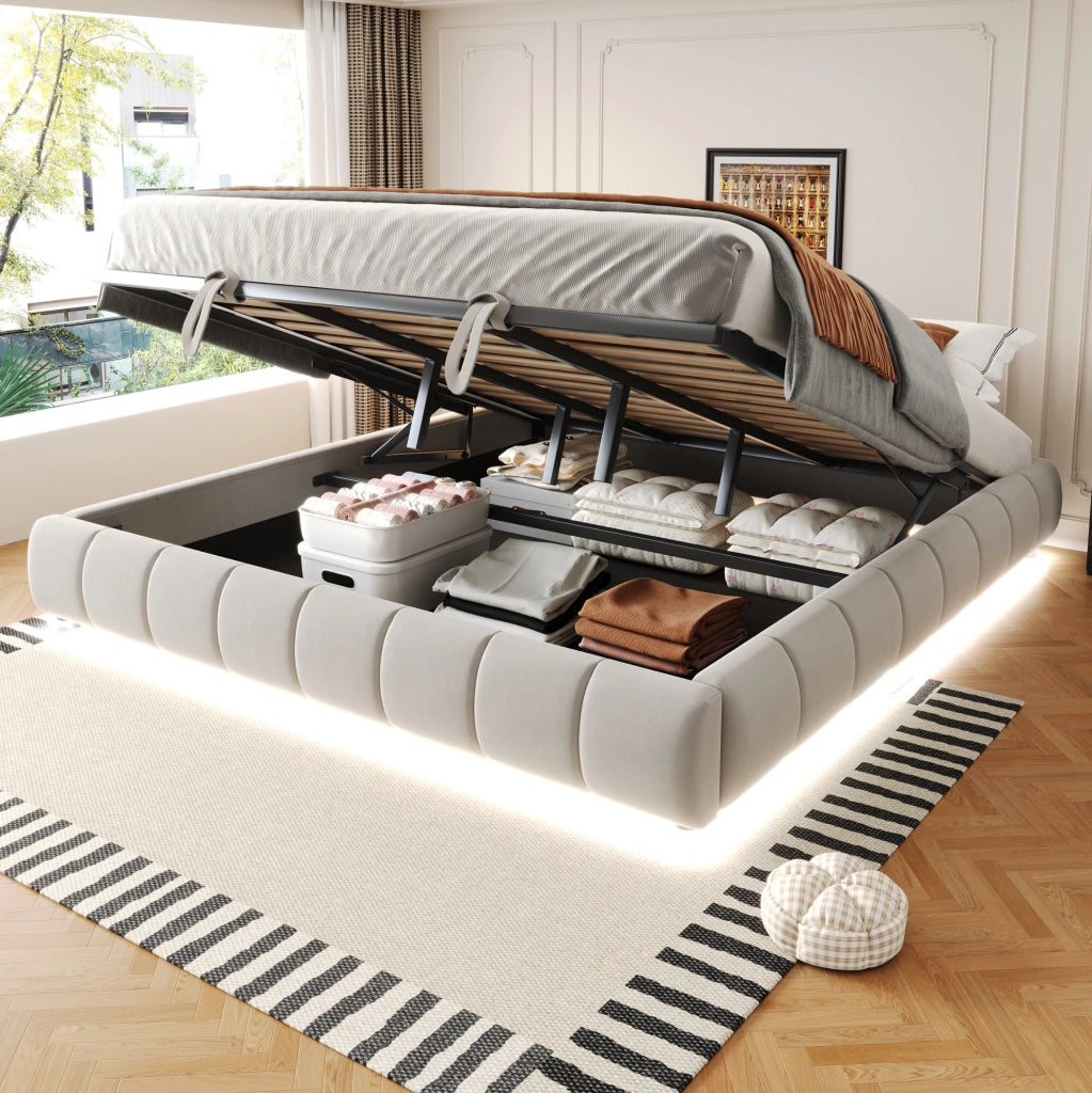 Letto imbottito 180x200 cm con contenitore e LED in flanella beige
