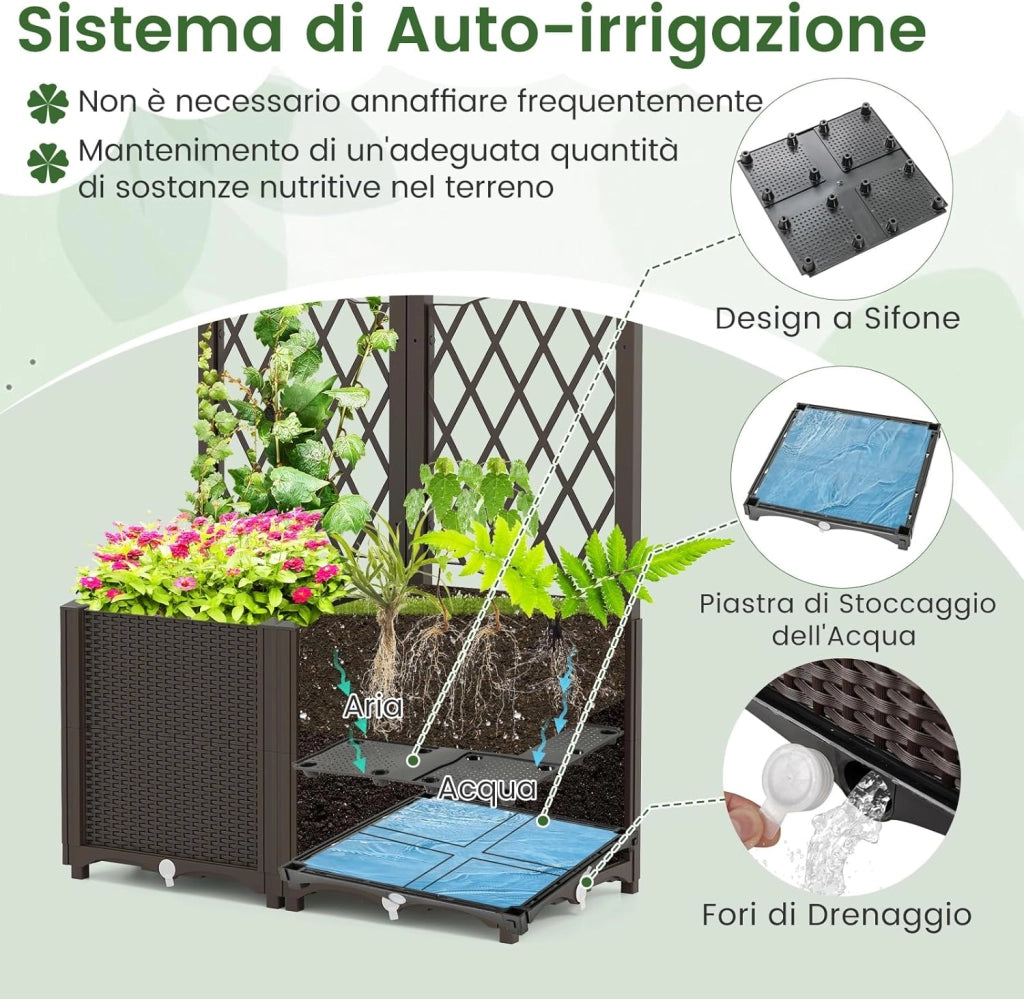 Letto da Giardino Elevato con Trellis a Lattice, Fioriera Autoinnaffiata per Piante Rampicanti, Fiori e Verdure, Fioriera Verticale da Interni e Esterni (Marrone,80 x 40 x 140 cm)