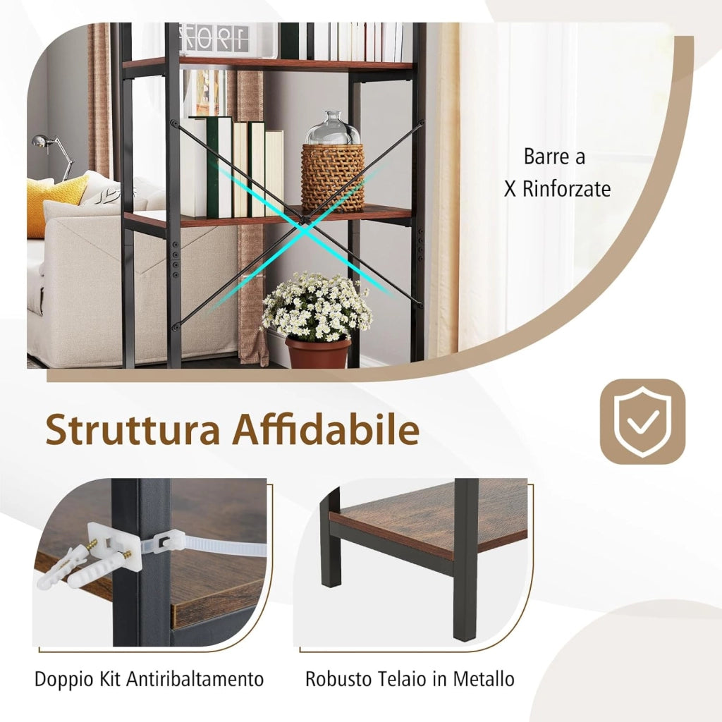 Libreria a 5 Ripiani, Scaffale di Stoccaggio con Struttura in Metallo e Doppio Sistema Anti-Ribaltamento, Scaffale Autoportante per Ufficio Soggiorno Camera da Letto, 66x34x161 cm