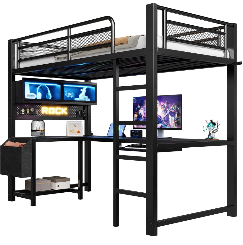 Letto a soppalco 90x200 cm con scrivania; LED e presa di ricarica in MDF e metallo nero