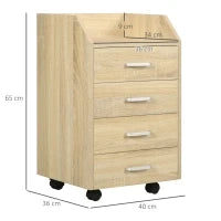 Cassettiera da Ufficio in Legno con 4 Cassetti, Ruote e Bordi Rialzati, 40x36x65cm, Legno Naturale
