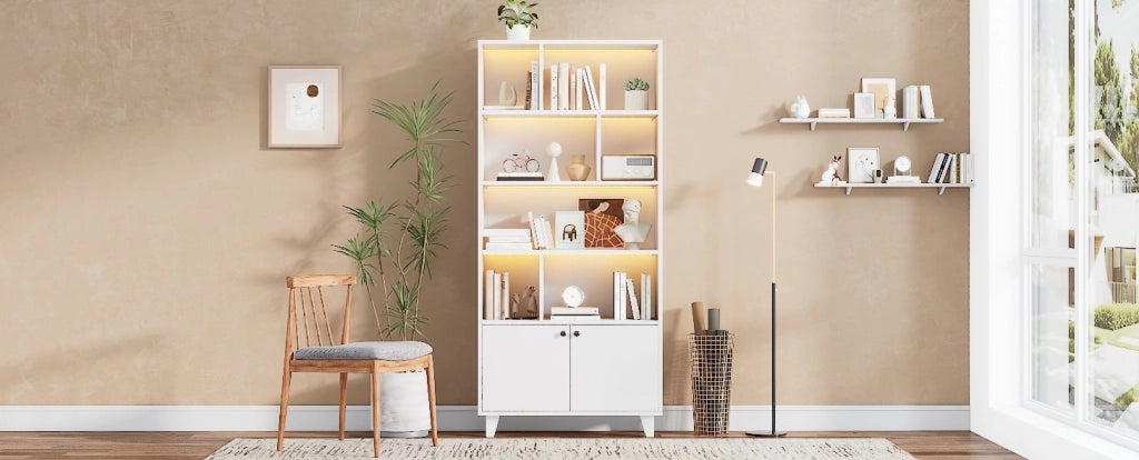 Libreria 80x30x173 cm in MDF bianco， LED via app， 2 ante