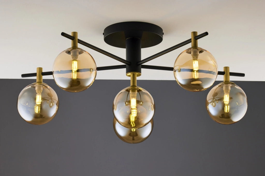 Plafoniera FIGARO Jupiter nera oro, 6 sfere ambra G9