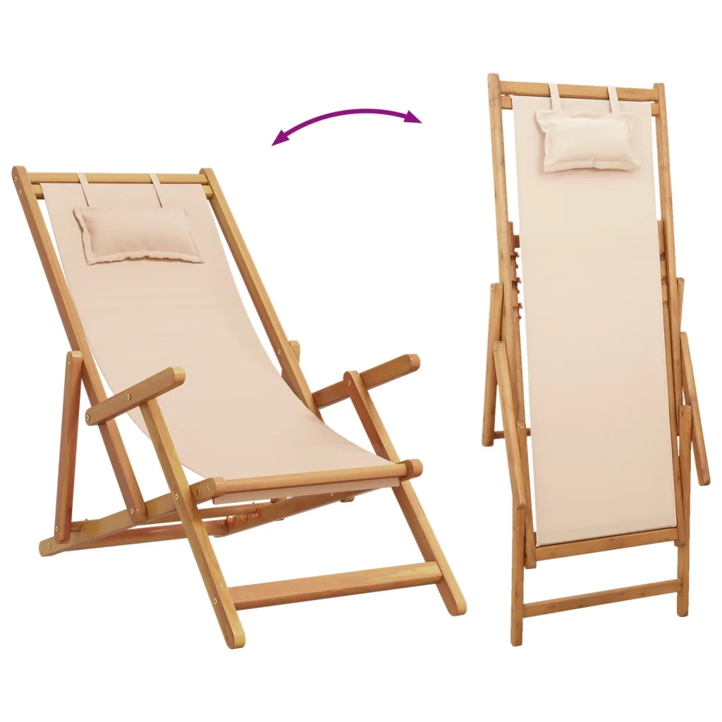 vidaXL Sedia da Spiaggia Pieghevole Beige Legno di Eucalipto e Tessuto