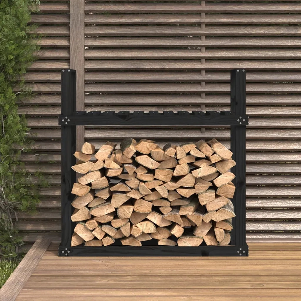 Portalegna-Scaffale per Legna Nero 110x35x108,5 cm in Legno Massello di Pino