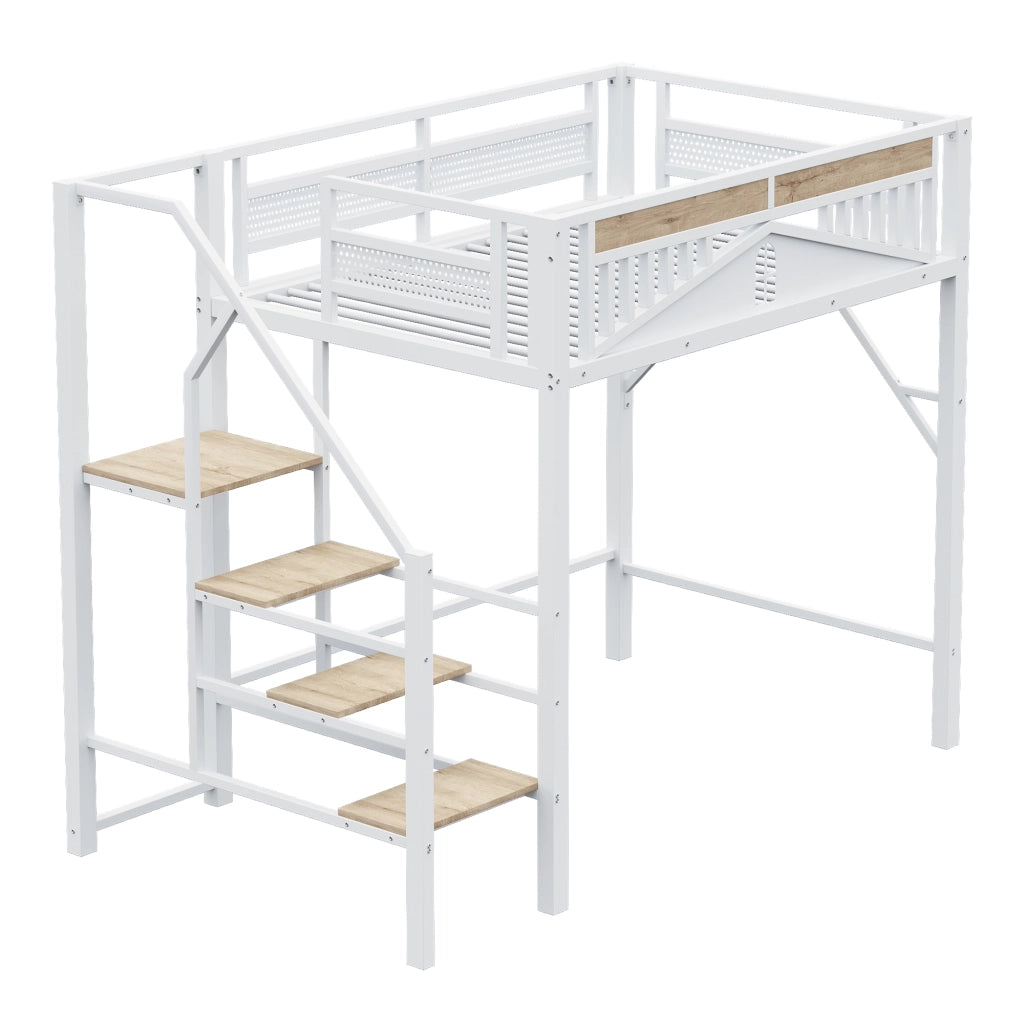 Letto a castello metallo e legno bianco con scala di sicurezza e spazio di stoccaggio 140x200 cm