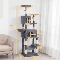 Albero Tiragraffi per Gatti Alto 202 cm con 6 Pali in Sisal, 2 Casette, 2 Amache e Lettino, Grigio