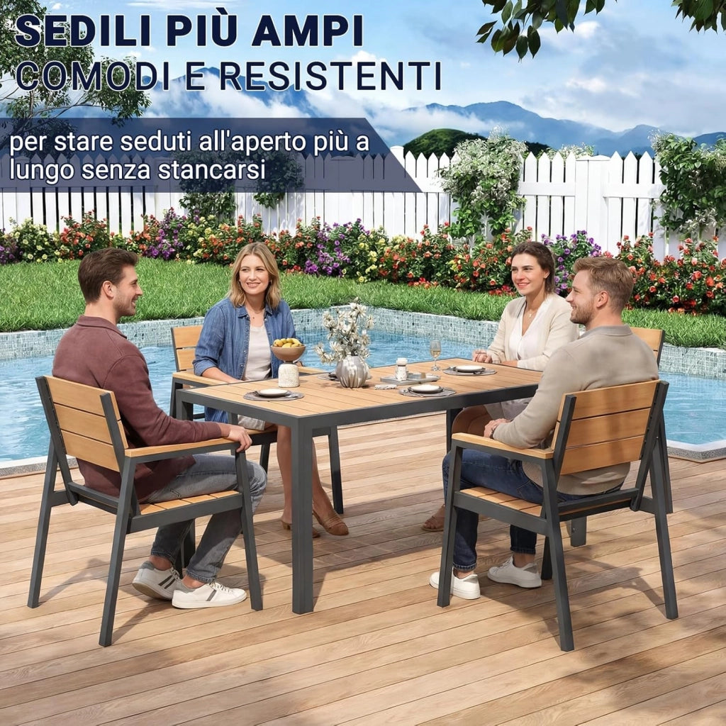 Sedie da Giardino Set di 4, Sedie da Esterno Alluminio Resistenti e Impermeabili con Finitura a Vena di Legno, Seduta di Dimensione Maggiorata che Supporta 160 kg, Facili da Pulire, Naturale
