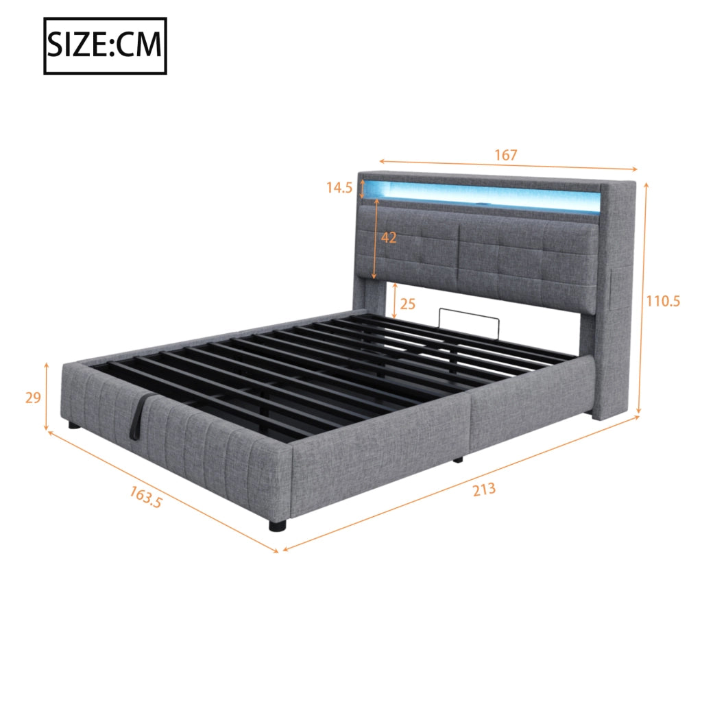 Letto imbottito 160x200 cm con LED; USB e contenitore in tessuto di lino grigio