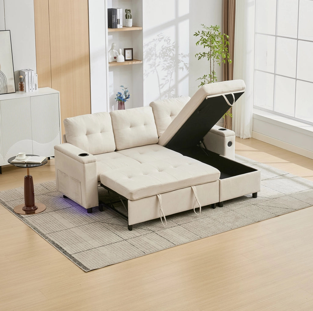 Divano letto pieghevole con contenitore; LED; USB e Type-C; tessuto beige