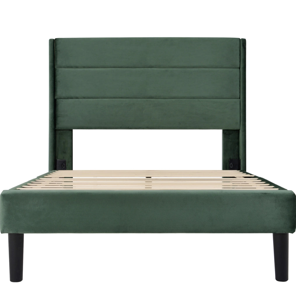 Letto imbottito con rete a doghe e testiera; 90x200 cm; velluto verde scuro