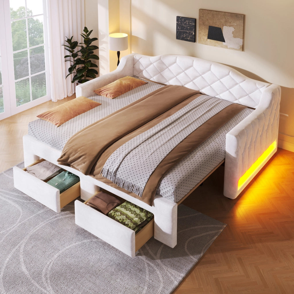 LETTO Divano estraibile 90x200/180x200 cm Bianco con 2 cassetti e LED