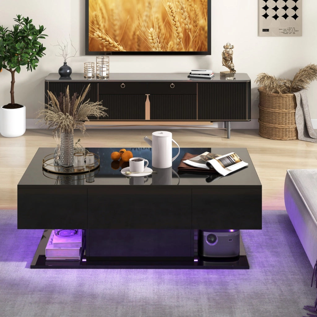 Tavolino da caff¨¨ moderno con 20 luci LED a colori e 2 cassetti portaoggetti, Tavolino d'accento a 2 piani Nero-Tavolini da salotto