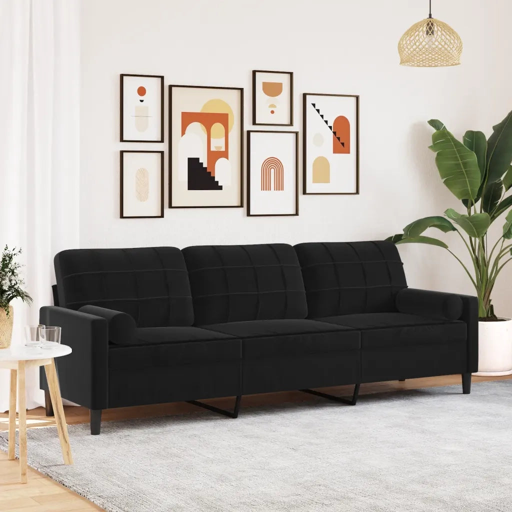 vidaXL Divano a 3 Posti con Cuscini Nero 210 cm in Velluto