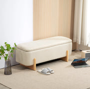 Panca contenitore imbottita beige con gambe in faggio