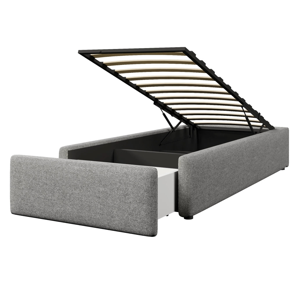 Letto imbottito 203x92x31 cm con contenitore idraulico e cassetto; rivestimento in cotone e lino grigio