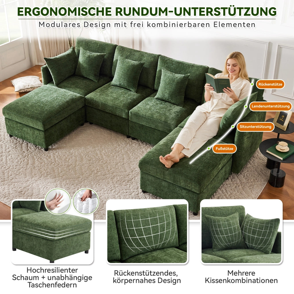 Divano modulare da 4 a 6 posti in chenille verde a U o L con 2 pouf e 6 cuscini 278 × 161 × 81 cm