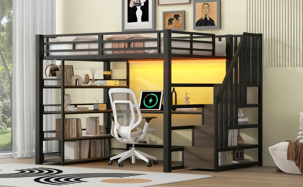 Letto a soppalco in metallo nero 140x200 con scrivania integrata, scale contenitore e luci LED