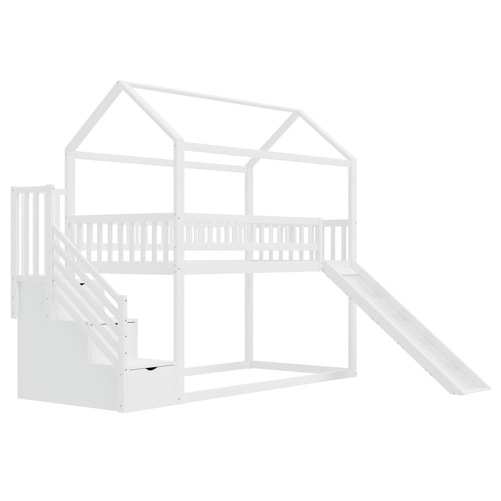 Letto a Castello 90x200 con Scivolo ¨C MINIMAL ¨C Massello Bianco, Doghe, Contenitore