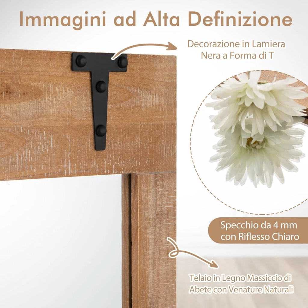 Specchio da Parete Stile Fattoria, 100 x 70 cm Specchio Decorativo Rettangolare da Parete con Cornice in Legno, per Bagno Soggiorno Camera da Letto, Verticalmente o Orizzontalmente