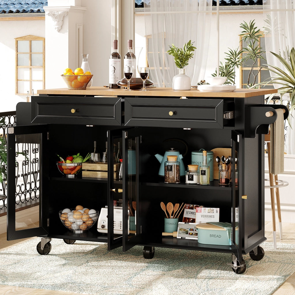 OKWISH Carrello da Cucina con Cassetto, Ripiani, Ante in Vetro e Piano Estensibile con Ruote, MDF, Nero