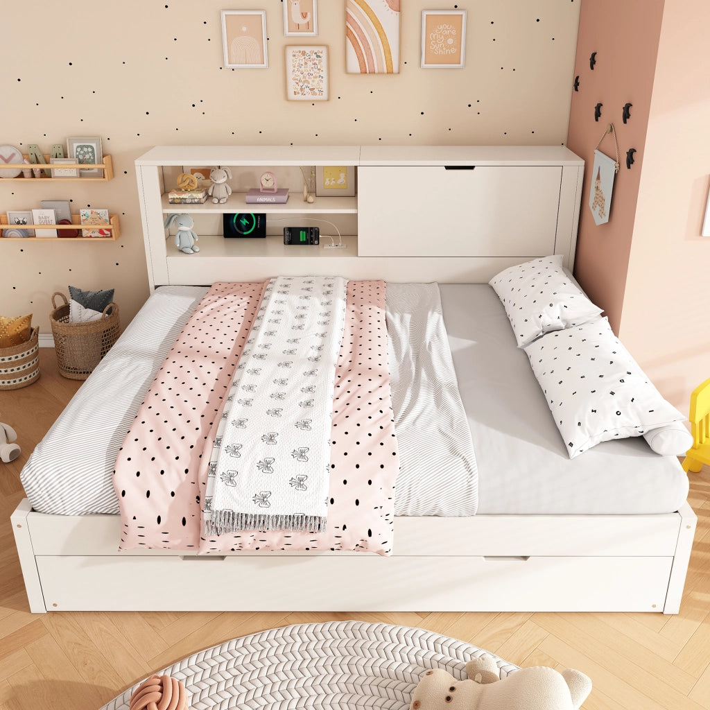 Letto a Divanetto 140x190 cm; Letto Matrimoniale con Estraibile; USB e Type-C - Bianco