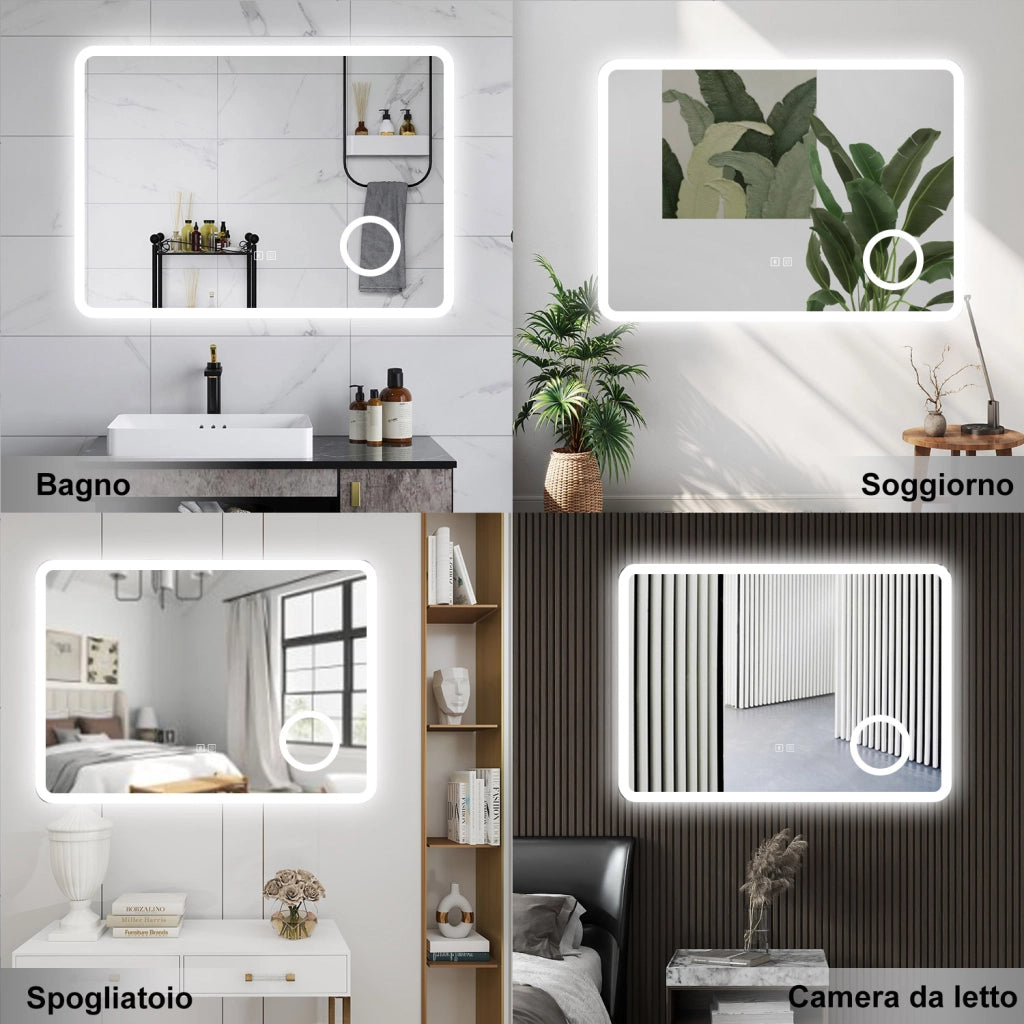 AICA Specchio da bagno  100 x 60 cm, dimmerabile, Blue tooth, Funzione Memoria, antiappannamento, 3 colori, Magnificatore