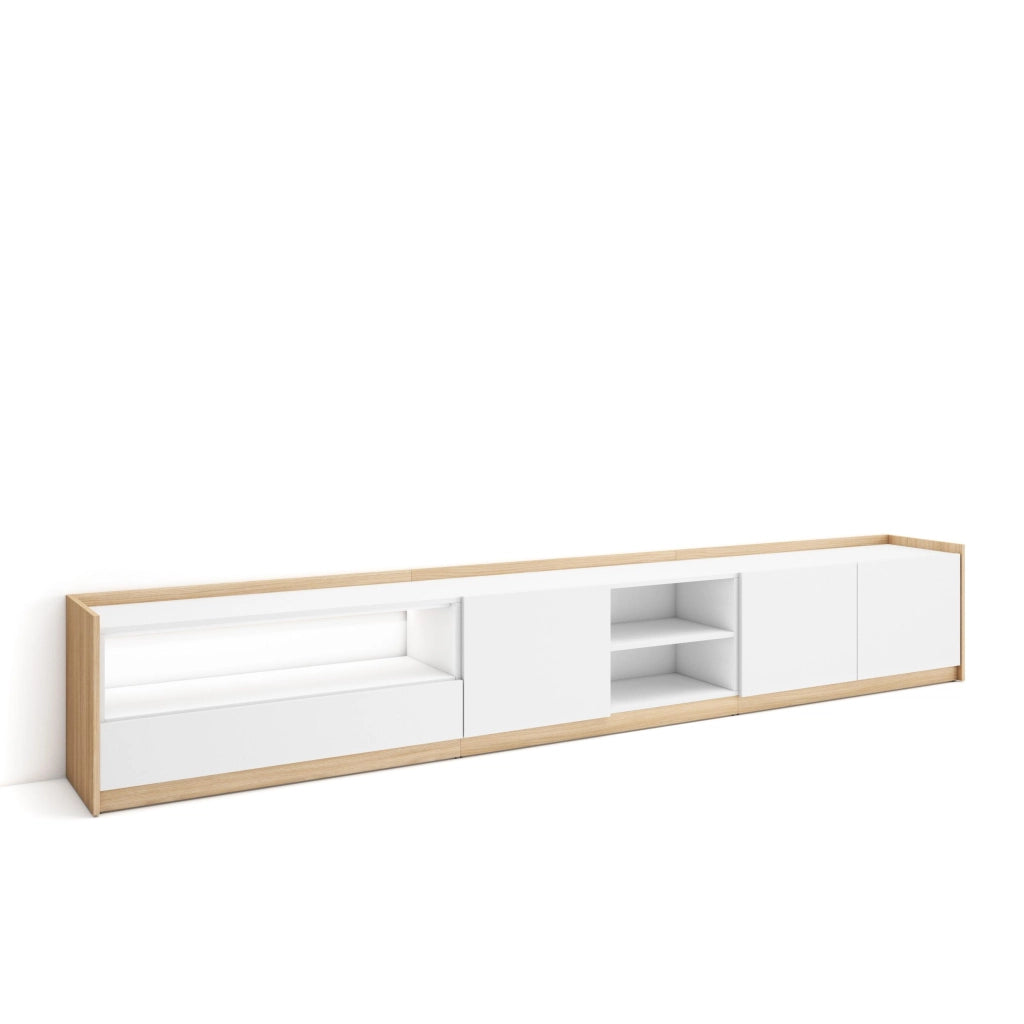 Mobile TV Soggiorno, 310x50x37 cm, Per TV fino a 80", LED, Bianco e Rovere soft