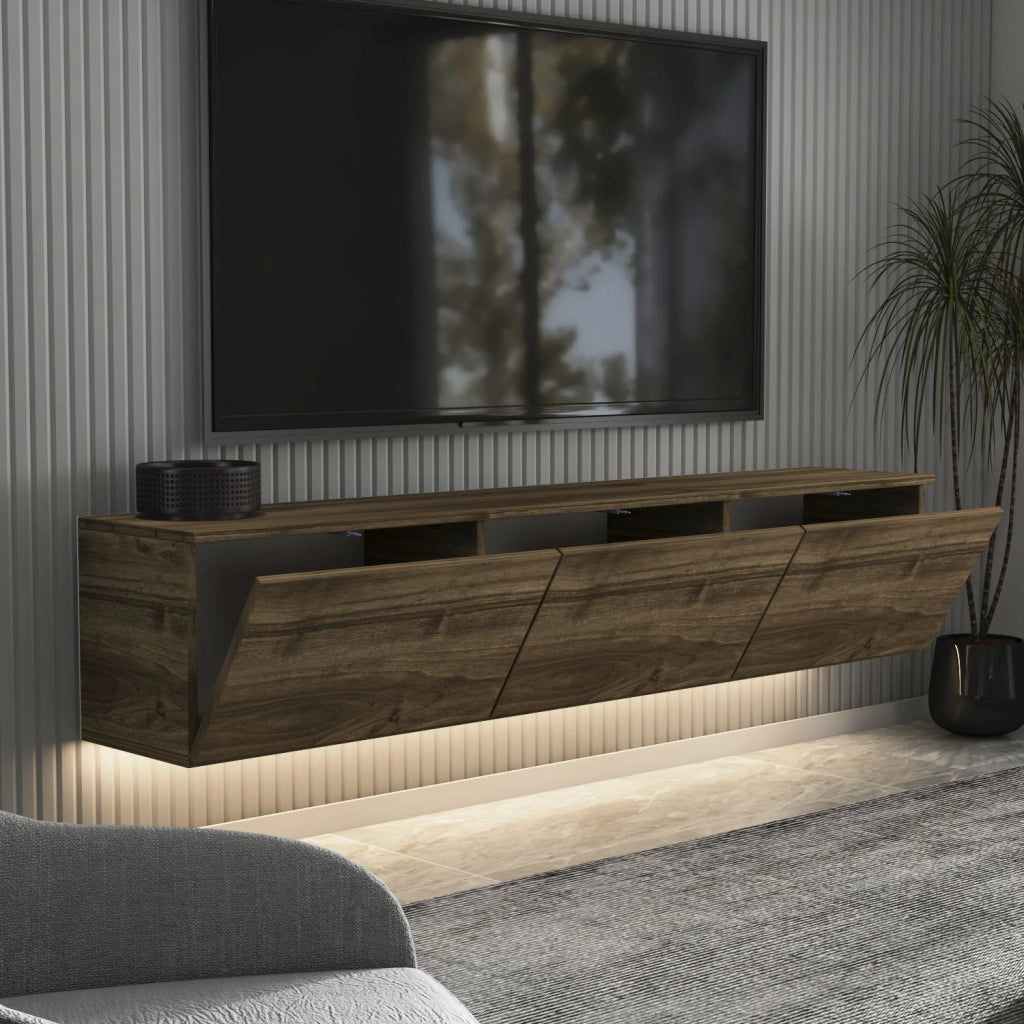 Mobile TV sospeso in legno "Neon" con illuminazione LED - 160 x 32 x 35 cm - Marrone scuro