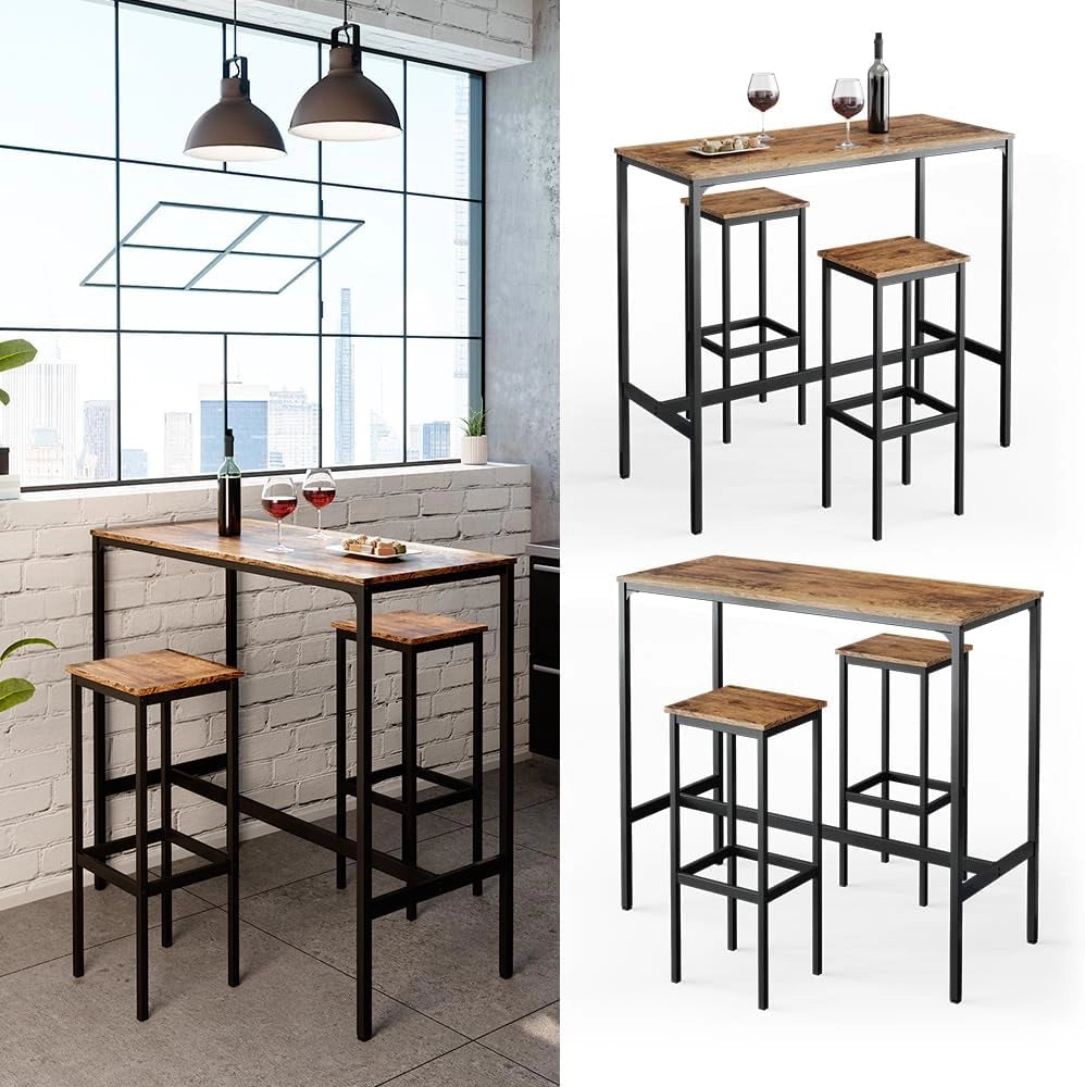 Tavolo bar con sgabelli Fyrk, Legno antico, 120 x 50 cm con 2 sgabelli da bar, adatto per banconi e piani cucina, impilabile per la conservazione
