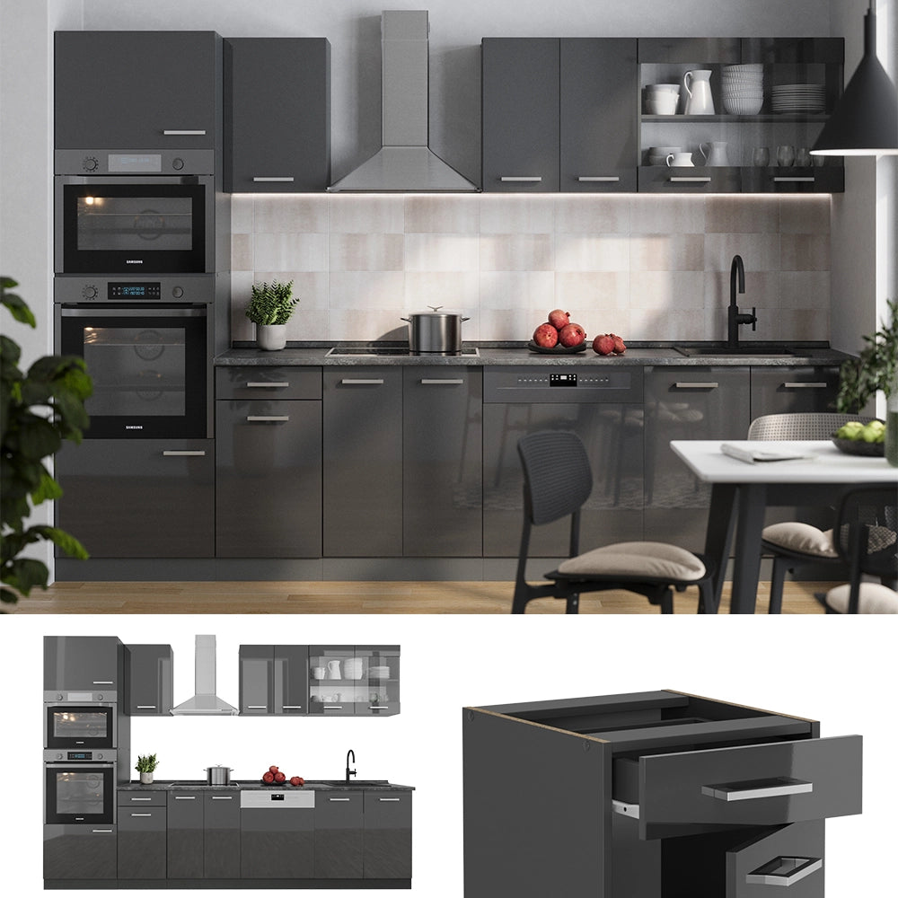Vicco Cucina componibile Antracite lucido/antracite 300 cm con armadio alto, PL Antracite