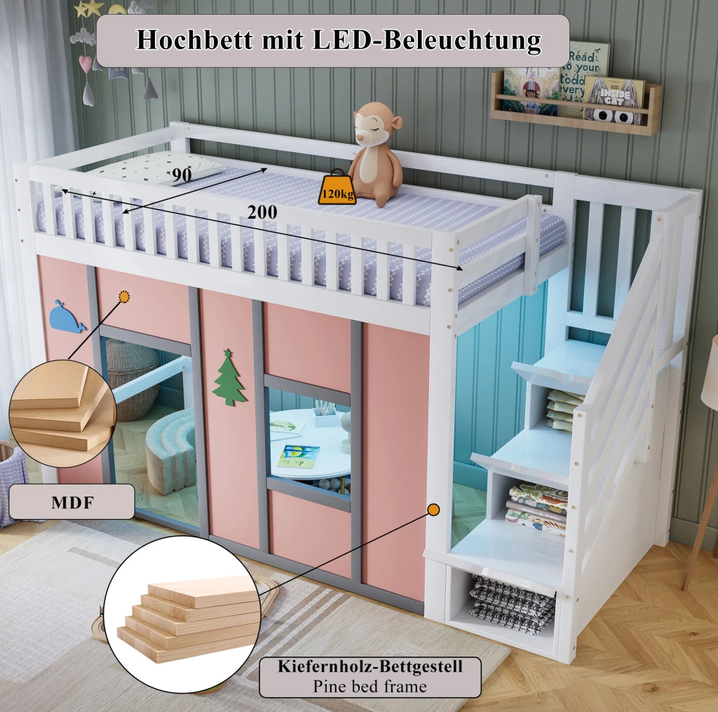 Letto a soppalco per bambini 90x200 cm bianco e rosa con scala contenitore, illuminazione LED e area gioco