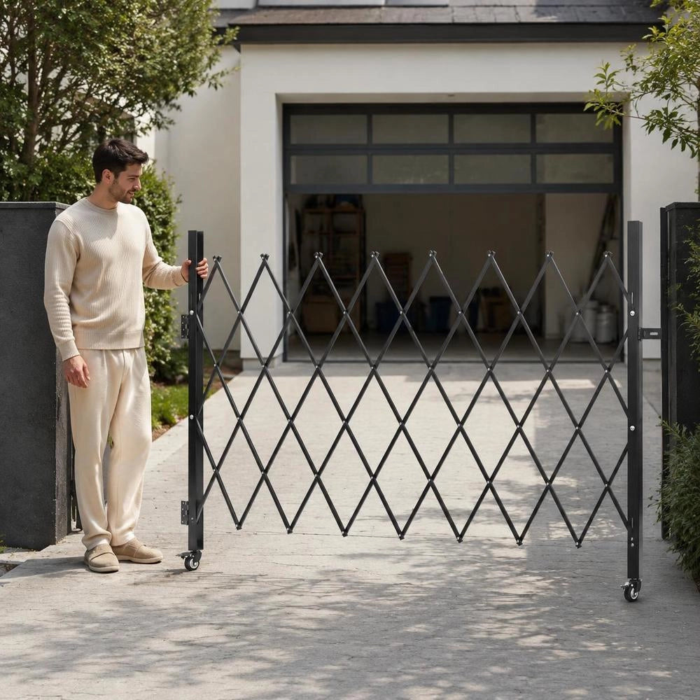 Security Gate (single), Lockable Folding Scissor Gate With 360° Swivel Casters, Retractable Steel Gates For Outdoor Use, For Entrance Security, Garage, Warehouse, Folding Gate 180 X 161 Cm (W X H) Black