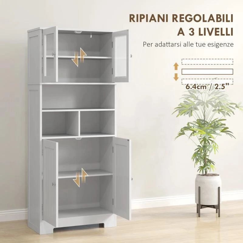 CREDENZA CUCINA CON 2 ARMADIETTI E 3 VANI APERTI, ANTE A VETRO E RIPIANI REGOLABILI, 60X30X145.5 CM, BIANCO