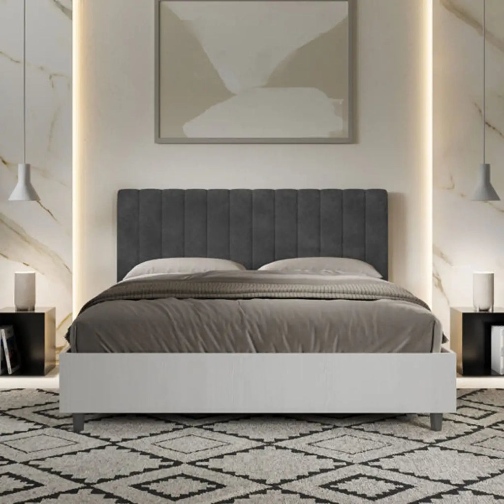 Letto matrimoniale contenitore 160x200 bianco frassino testata microfibra grigio Kaia
