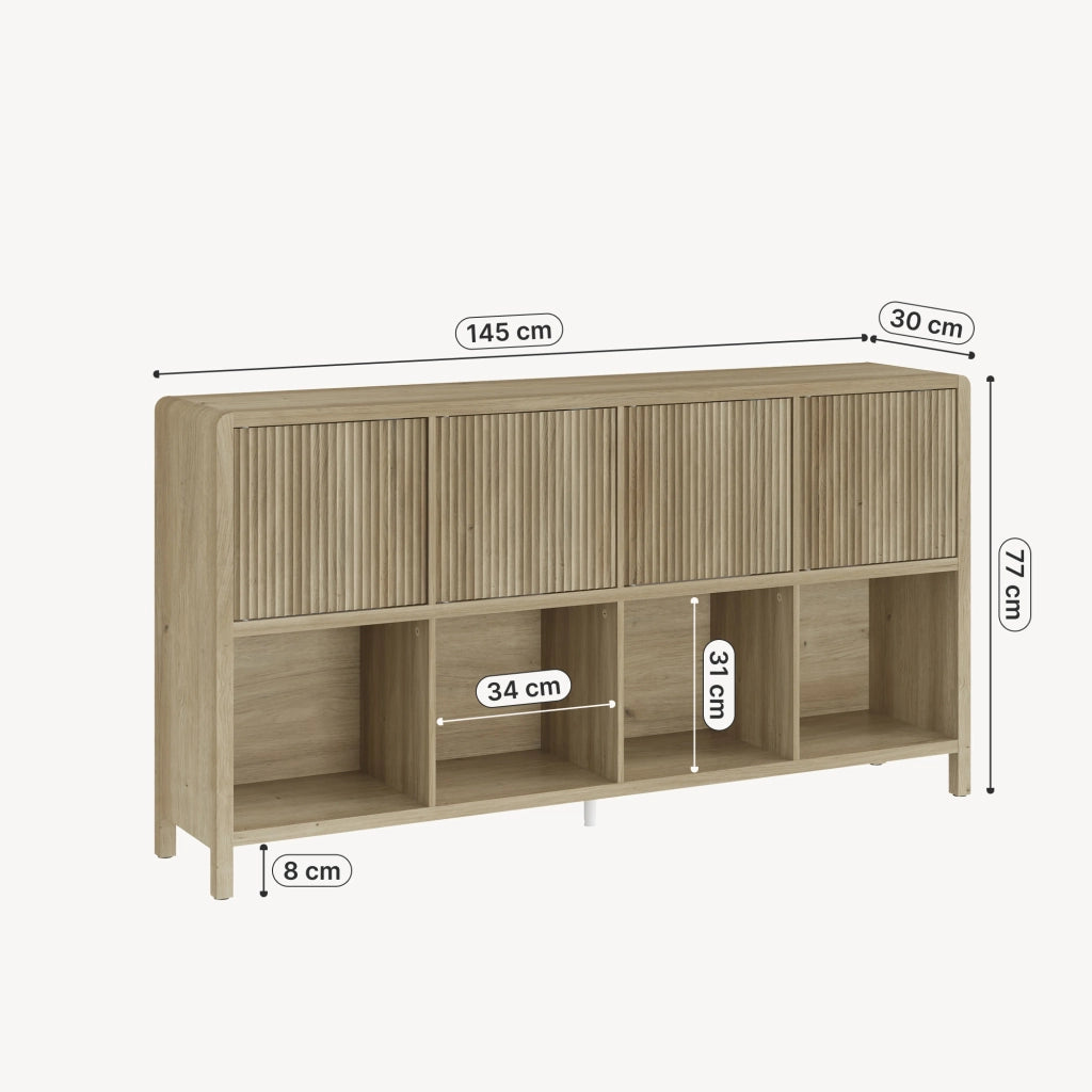 Credenza Bassa Lukkodso con 4 Ante e Scomparti Aperti 77x145x30 cm Effetto Rovere medio-chiaro [en.casa]
