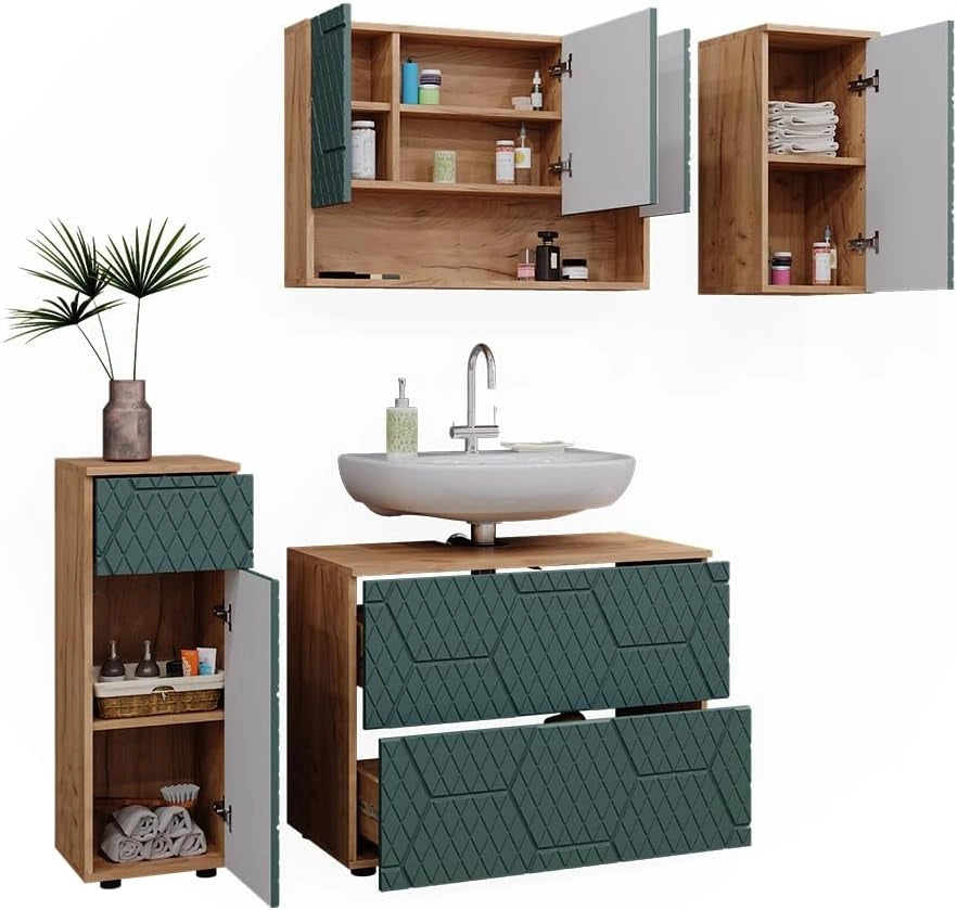 Set mobili bagno Irma, Quercia verde/oro, 4 parti