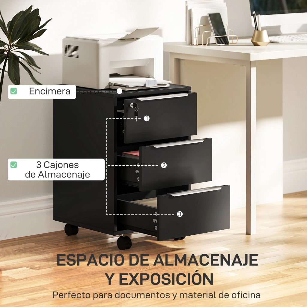 Cassettiera da Ufficio con 3 Cassetti Ruote e Serratura ¨C Xylo ¨C Nero 40x40x63,5 cm