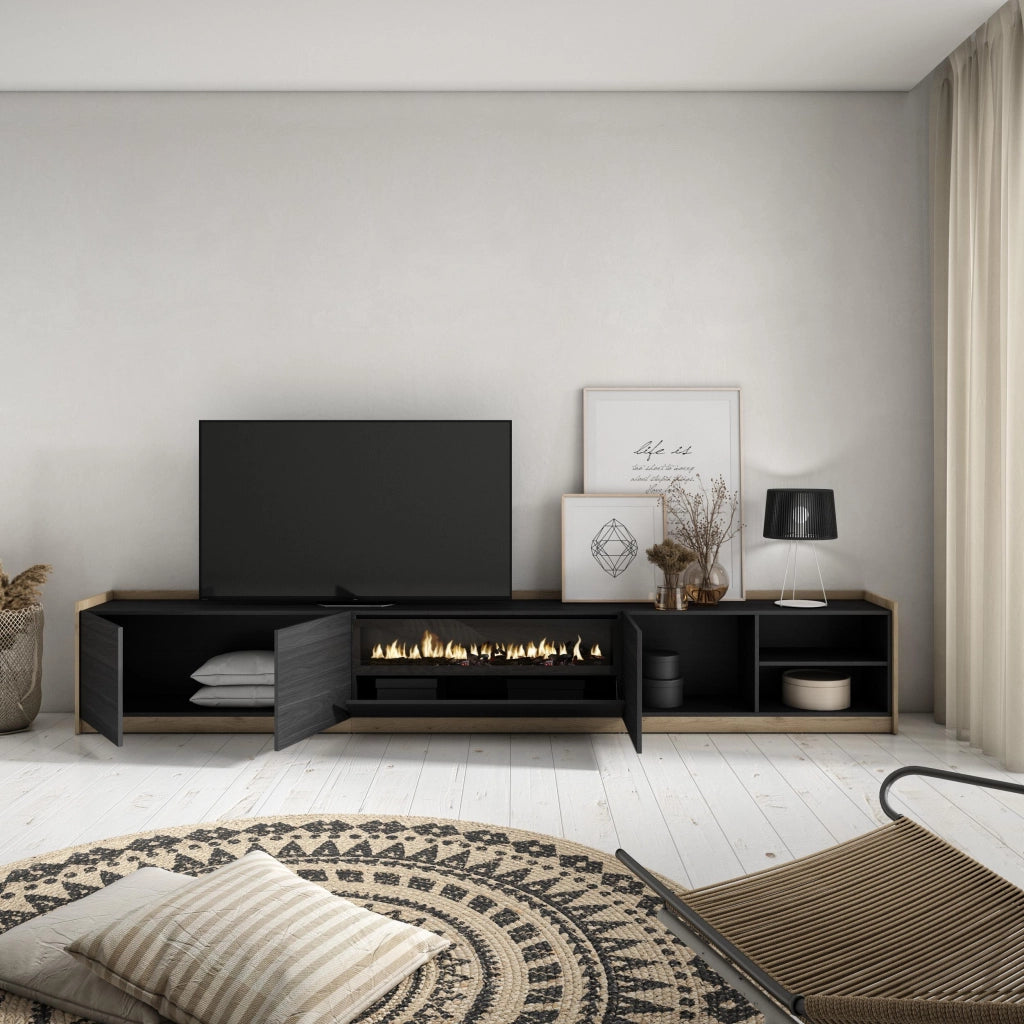 Mobile TV Soggiorno, 310x50x37 cm, Per TV fino a 80", Camino elettrico, Nero e rovere