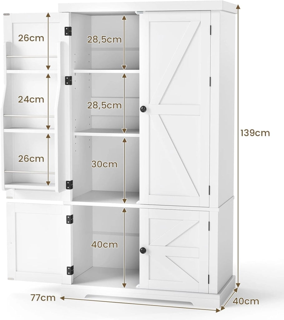 Mobiletto Multiuso con 4 Ante in Legno, Credenza Cucina Salvaspazio con 2 Ripiani Regolabili e 1 Armadio, Mobile Buffet per Sala da Pranzo, Soggiorno, 76,5 x 40 x 139 cm, Bianco(In 2 Pacchi)