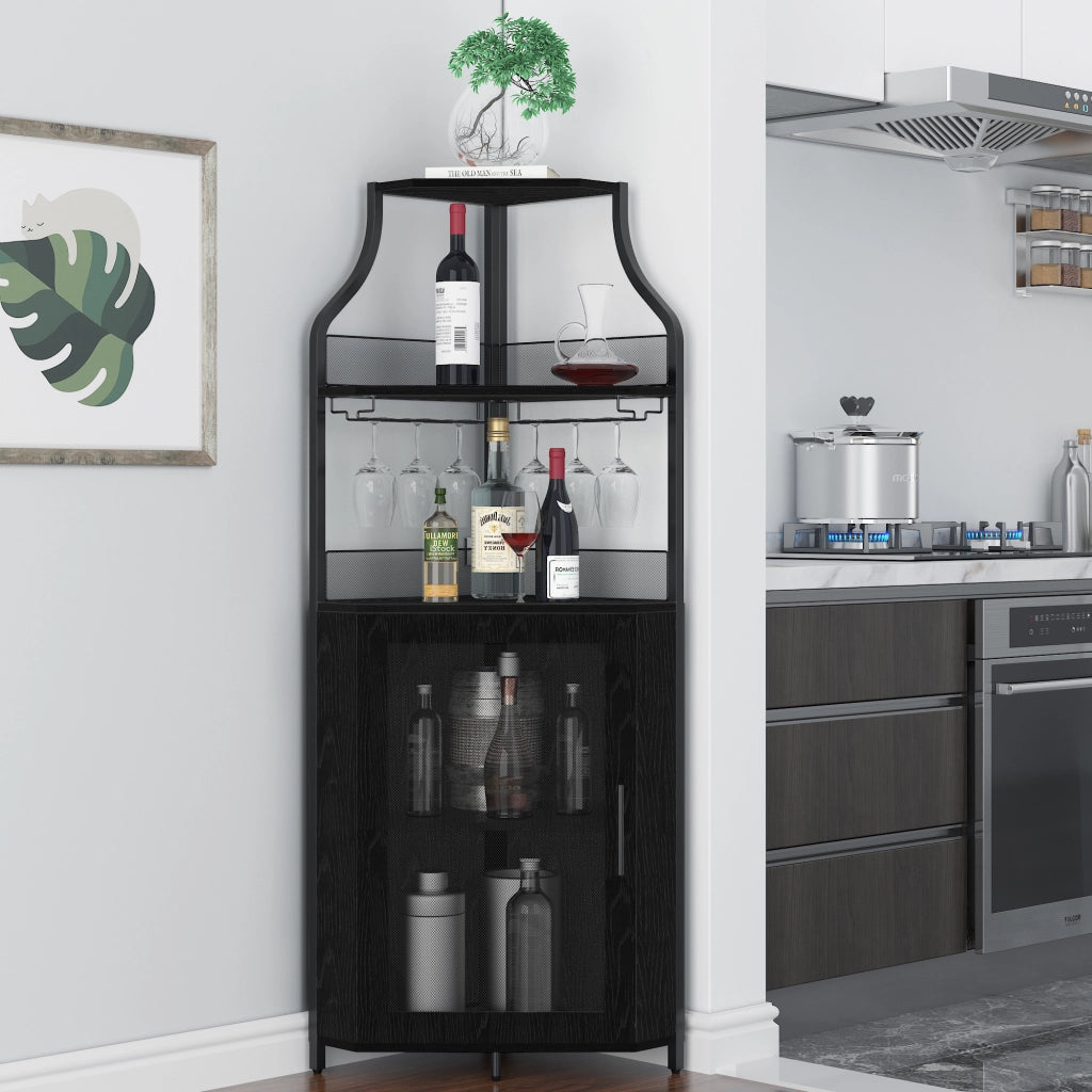 Mobile Bar Angolare Portabottiglie Nero in Metallo e MDF, 154cm