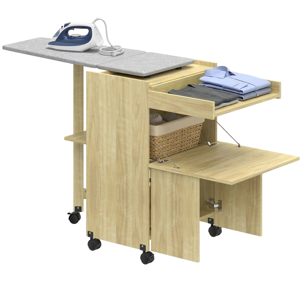 Mobile Asse da Stiro Pieghevole con Porta Ferro e Indumenti con Vano Aperto.154x55x87 cm. Legno Naturale
