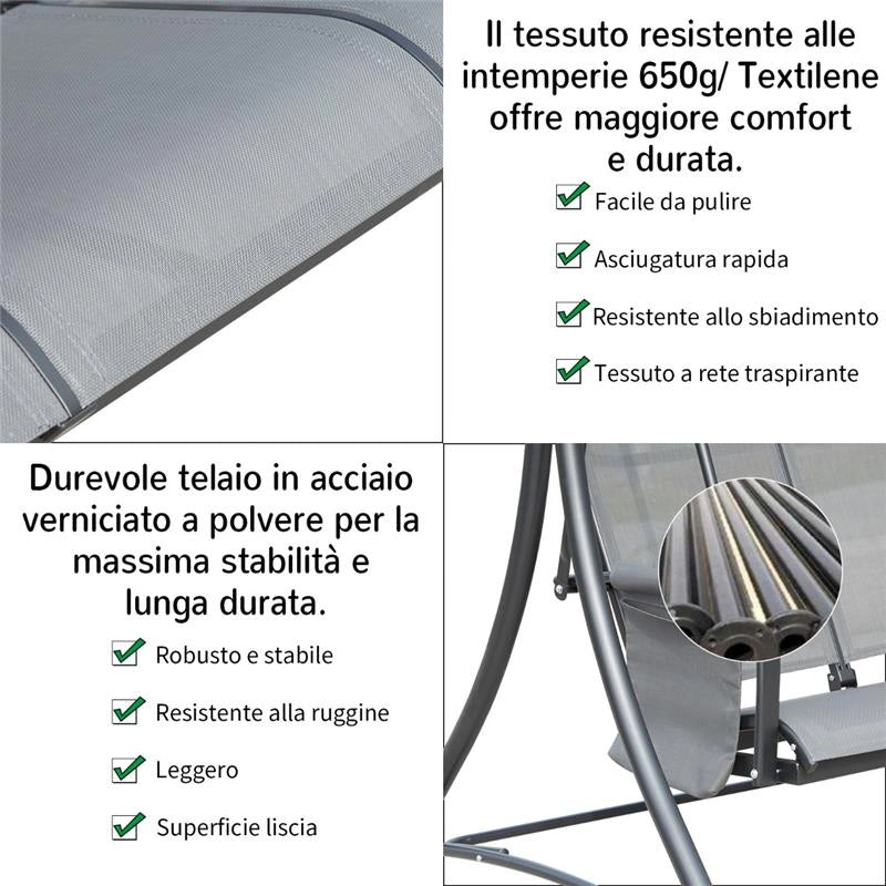 DONDOLO 3 POSTI DA GIARDINO CON TETTUCCIO REGOLABILE GRIGIO SCURO