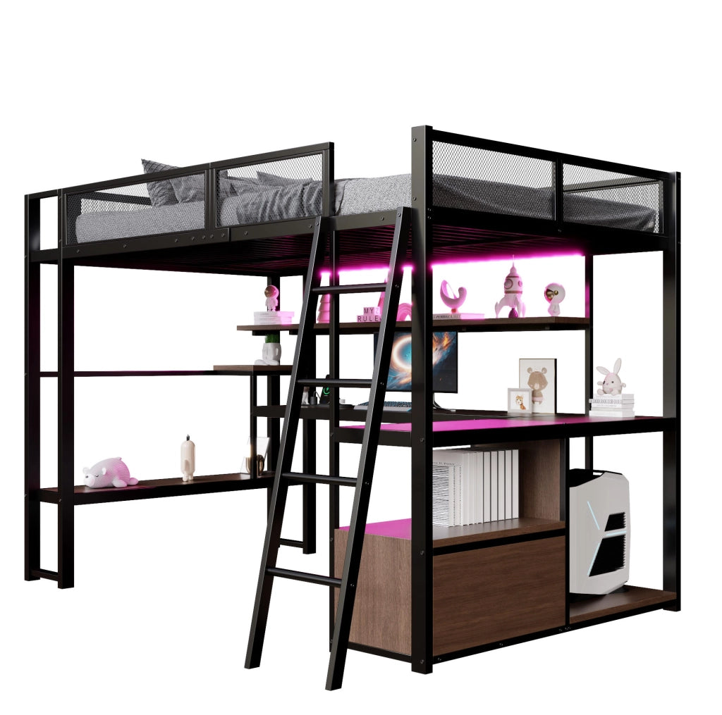 Letto a soppalco 140x200 cm con scrivania; LED e contenitore in MDF e metallo nero